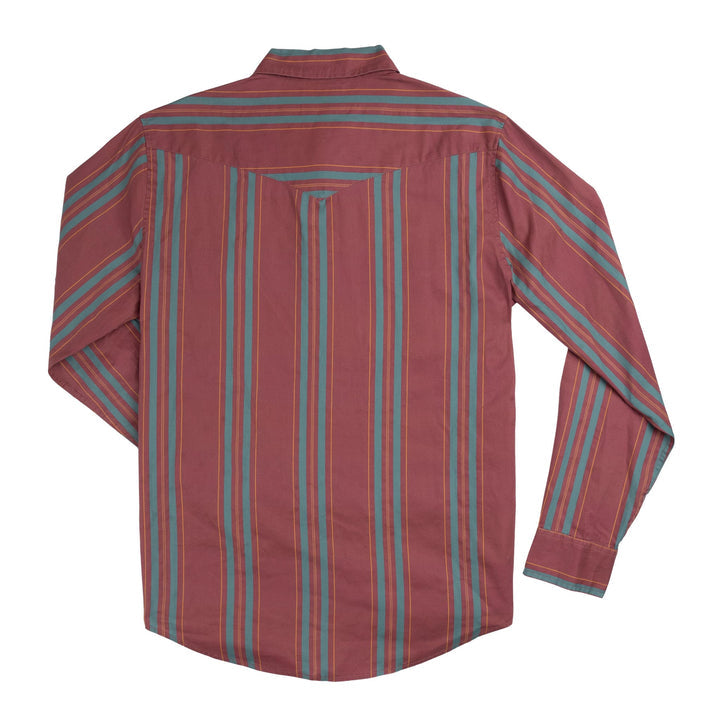 The Wyatt Pearl Snap Long Sleeve Print Shirt Clay by Sendero Provisions Co. is a long-sleeve button-up made from hemp cotton, showcasing vertical red, blue, and yellow stripes with classic western pearl snaps; displayed from the back against a white background.