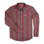 Introducing The Wyatt Pearl Snap Long Sleeve Print Shirt Clay by Sendero Provisions Co.—a vintage western-inspired hemp cotton shirt featuring long sleeves, a button-up front with classic pearl snaps, a collared neckline, two chest pockets, and striking vertical stripes in blue, red, and beige set against a maroon background for an authentic finish.