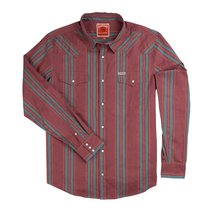 Introducing The Wyatt Pearl Snap Long Sleeve Print Shirt Clay by Sendero Provisions Co.—a vintage western-inspired hemp cotton shirt featuring long sleeves, a button-up front with classic pearl snaps, a collared neckline, two chest pockets, and striking vertical stripes in blue, red, and beige set against a maroon background for an authentic finish.