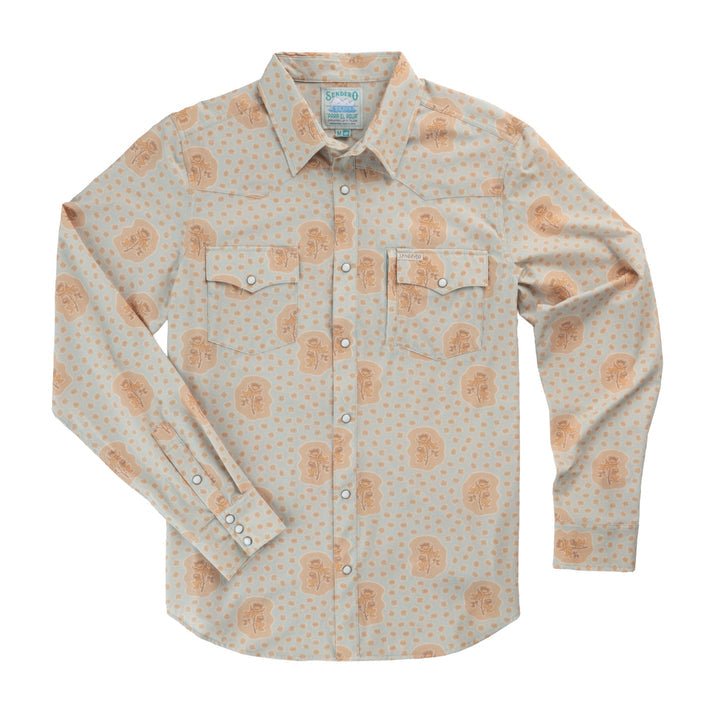 The Confluence Tech Long Sleeve Shirt by Sendero Provisions Co. is a light gray, Western-fit shirt featuring orange polka dots and abstract face patterns, two front chest pockets, a button-down front, and a touch of stretch for added movement.