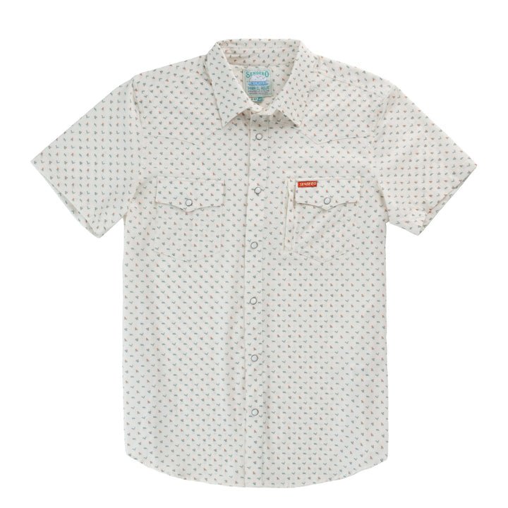 The Confluence Tech Short Sleeve Shirt by Sendero Provisions Co. is a white Western Fit shirt with short sleeves, adorned with a subtle multicolor geometric pattern. It features two buttoned chest pockets—one of which includes a concealed zipper pocket for extra functionality—and a signature red tag on the left pocket. Made from stretch performance fabric, this shirt ensures all-day comfort and freedom of movement.