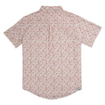 Back view of the City Slicker Button Up Short Sleeve by Sendero Provisions Co., featuring a light pink and brown floral pattern on a white background, crafted from a soft hemp blend for enhanced breathability.