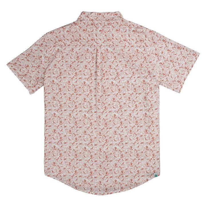 Back view of the City Slicker Button Up Short Sleeve by Sendero Provisions Co., featuring a light pink and brown floral pattern on a white background, crafted from a soft hemp blend for enhanced breathability.