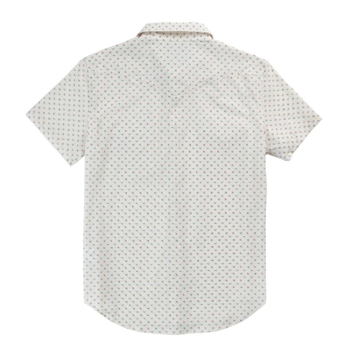 Back view of the Confluence Tech Short Sleeve Shirt by Sendero Provisions Co.—a white button-up featuring a small multicolor geometric print and short sleeves. Made from stretch performance fabric for all-day comfort.
