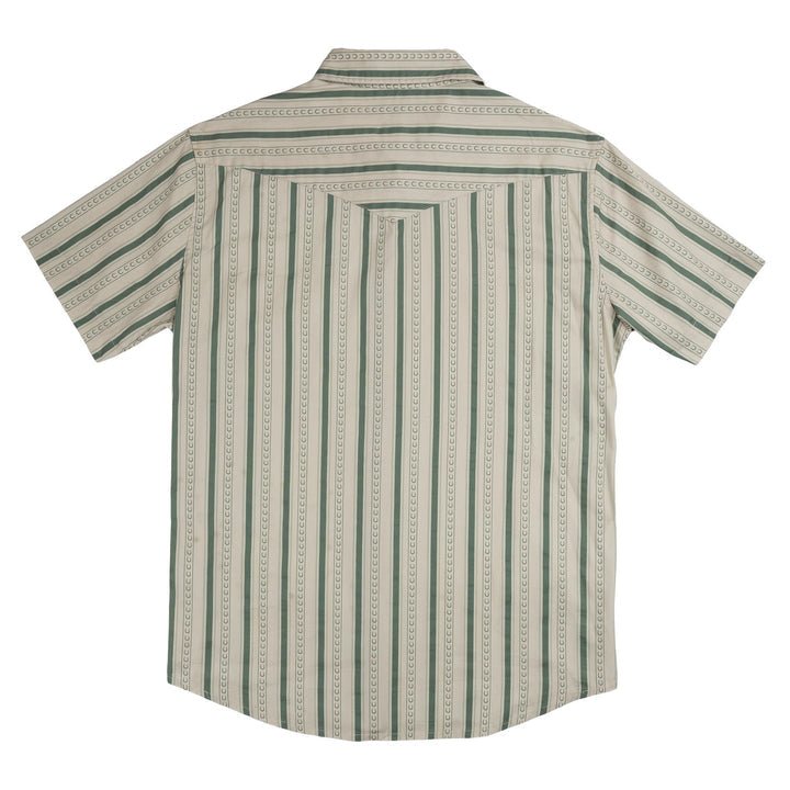 The Wyatt Pearl Snap Short Sleeve Print Shirt by Sendero Provisions Co. is a beige button-up featuring vertical green and beige stripes, showcased from the back. Made from 100% cotton, it channels subtle Vintage Western charm and is finished with classic pearl snaps for an authentic touch.