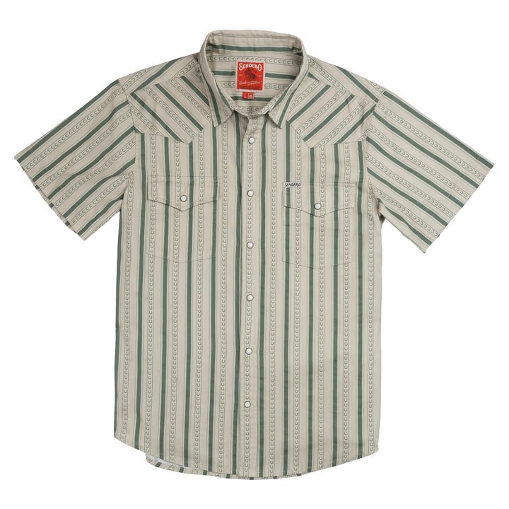 Short-sleeve button-up shirt with green and beige vertical stripes, pointed collar, two chest pockets, and pearl snaps. Crafted from 100% cotton, this vintage Western-inspired design combines classic style with everyday comfort.