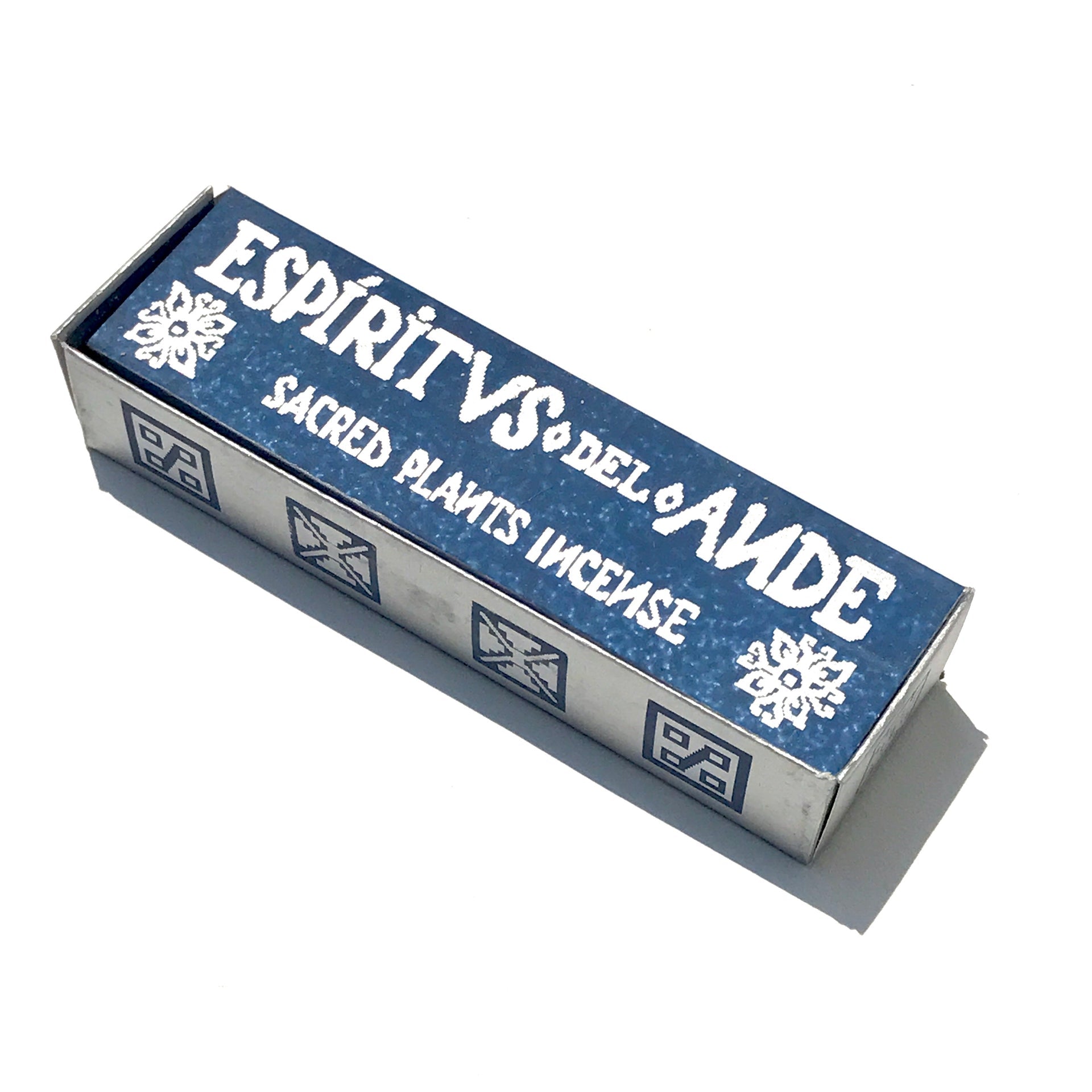 A rectangular blue and white box labeled "Espiritus del Ande Collection | Incausa" by Incausa, with decorative side patterns, displays handcrafted natural incense from Peru, photographed on a white background.