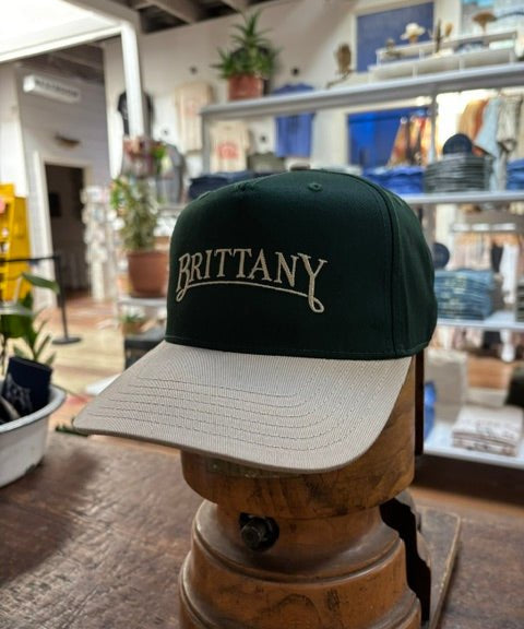 The Bird Dog Series Hat | Brittany by Ballad Originals features a green and beige design with “BRITTANY” embroidered on the front. Displayed on a wooden stand among shelves and plants, this hat highlights authentic Texas craftsmanship.