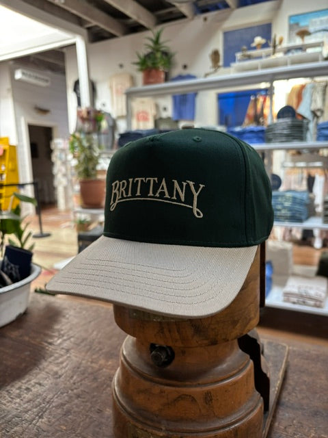 The Bird Dog Series Hat | Brittany by Ballad Originals features a green and beige design with “BRITTANY” embroidered on the front. Displayed on a wooden stand among shelves and plants, this hat highlights authentic Texas craftsmanship.