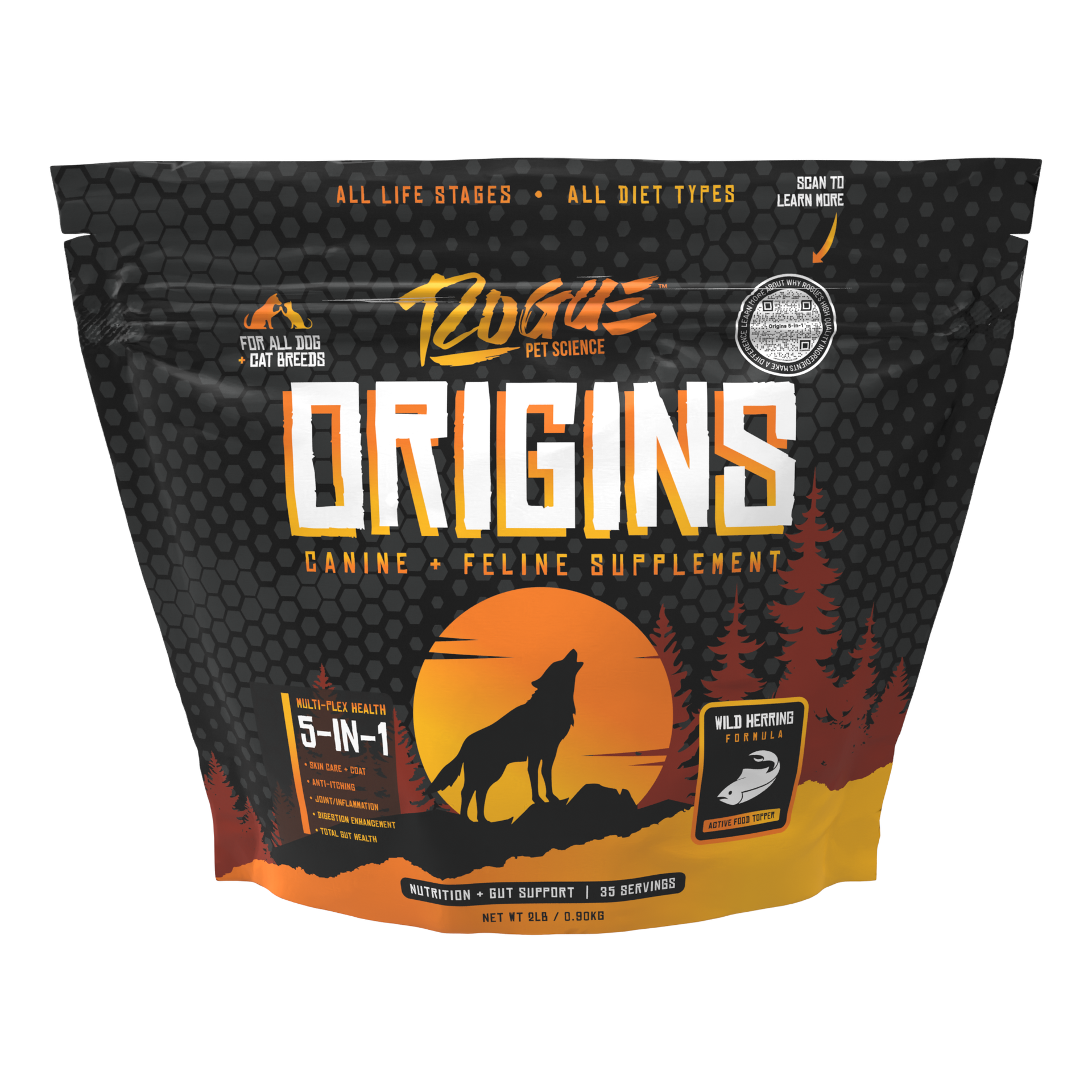 A package of Rogue Pet Feed Origins Canine Supplement, featuring a wolf and sunset design, supports all life stages and diet types, delivering a high-protein formula with 5-in-1 health benefits for pets.