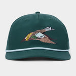 Introducing the Duck Camp Blue Winged Teal Hat by Duck Camp—a green adjustable snapback cap accented with crisp white trim and an embroidered flying blue-winged teal duck on the front panel. Built with a durable polyester shell, this classic hat ensures both comfort and long-lasting wear.
