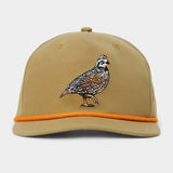 The Duck Camp Bobwhite Quail Hat by Duck Camp features a tan polyester shell, an embroidered quail on the front, and a vibrant orange trim along the brim. This hat offers a comfortable fit with its adjustable snapback closure and is shown against a plain background.