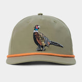 The Duck Camp Pheasant Hat by Duck Camp is an olive green baseball cap featuring an embroidered pheasant on the front, an orange band above the brim, and an adjustable snapback closure for a comfortable fit.