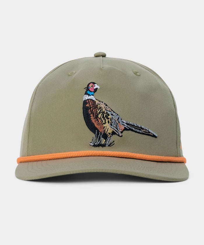 The Duck Camp Pheasant Hat by Duck Camp is an olive green baseball cap featuring an embroidered pheasant on the front, an orange band above the brim, and an adjustable snapback closure for a comfortable fit.