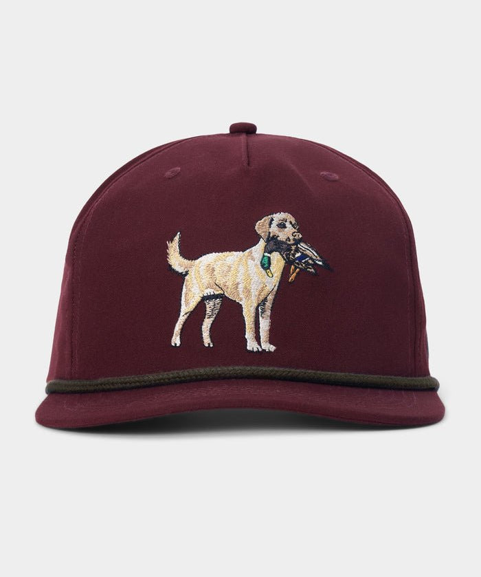 The Yellow Lab Hat by Duck Camp is a maroon 5-panel cap featuring an embroidered image of a dog holding a bird in its mouth on the front, designed with an adjustable fit for comfort.