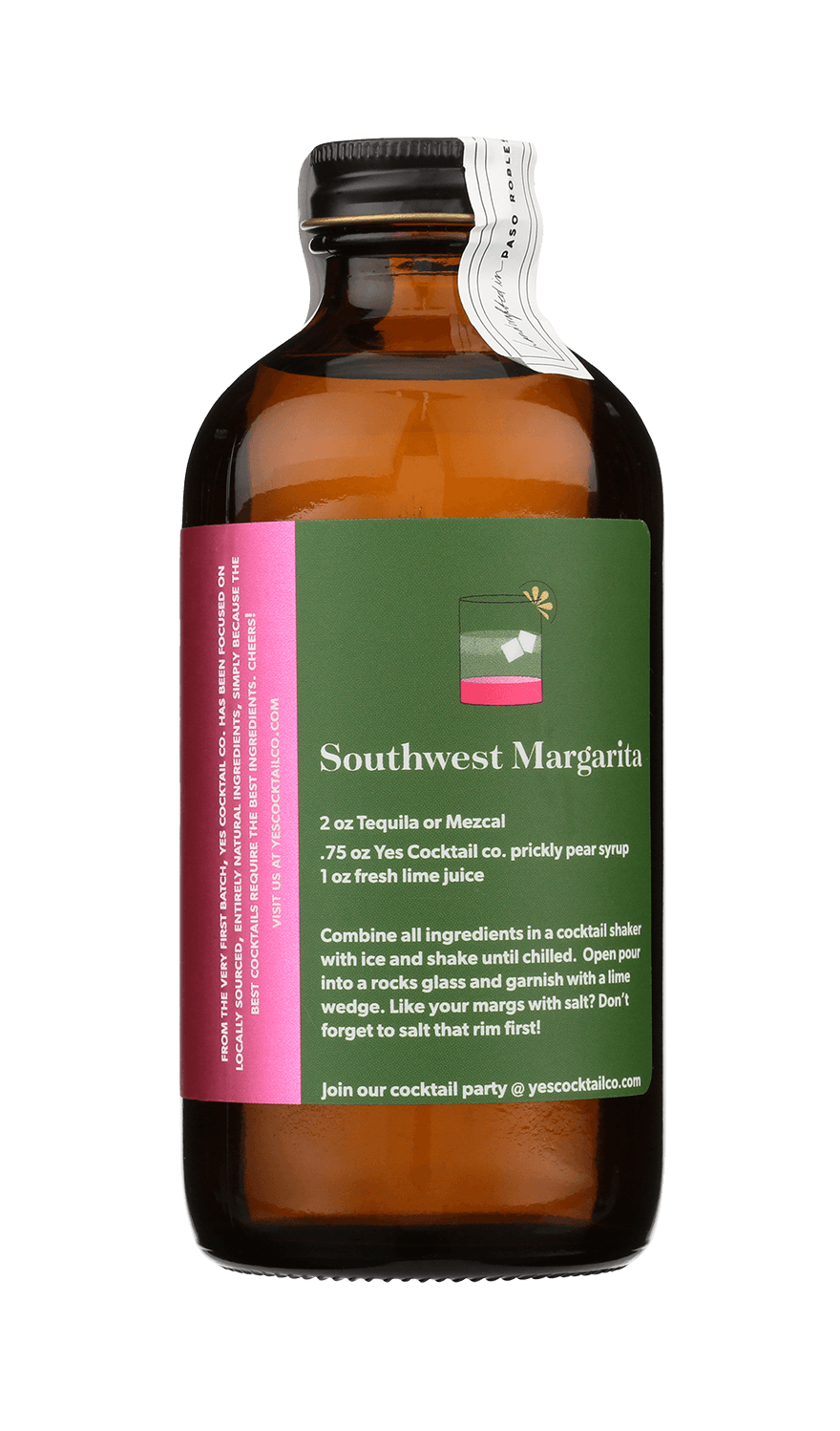 A brown glass bottle of Yes Cocktail Co. Prickly Pear Syrup features a green label with a Southwest Margarita recipe, prickly pear juice highlights, and a pink sticker on the side.