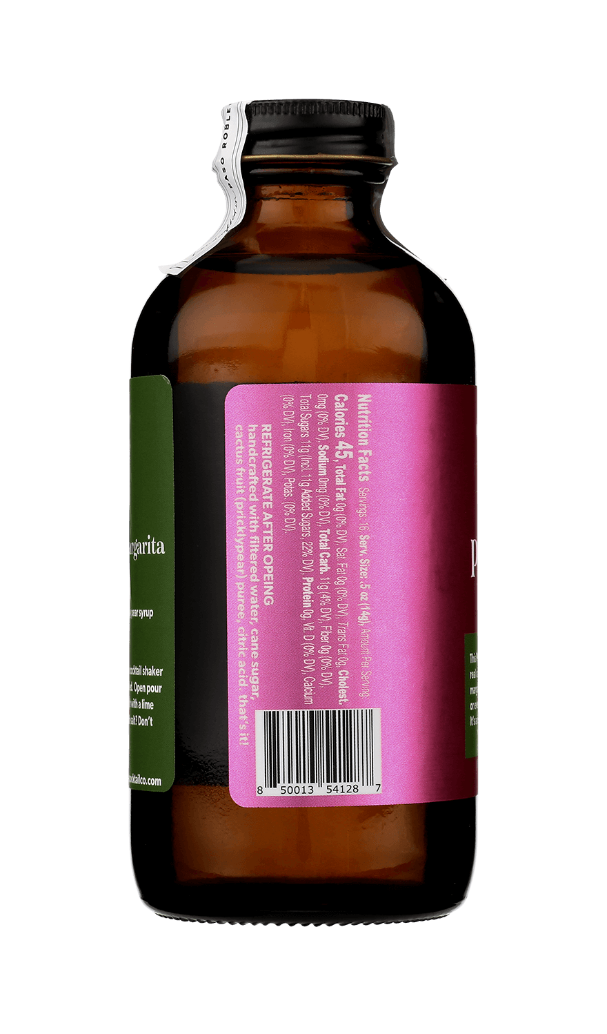 A brown glass bottle with a torn white seal and a magenta label, listing Prickly Pear Syrup ingredients, barcode, and the Yes Cocktail Co. brand name, viewed from the back.
