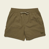 The Salado Shorts by Howler Brothers are brown textured men’s seersucker shorts with an elastic waistband, drawstring, and a small rectangular patch on the lower left leg.