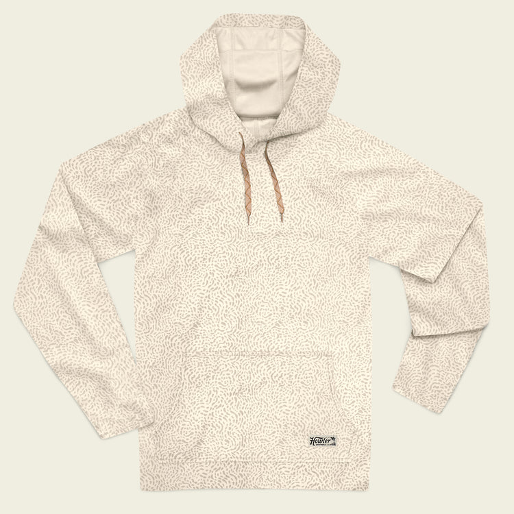 The Loggerhead Hoodie by Howler Brothers is a beige hooded sweatshirt with an abstract pattern, front kangaroo pocket, and brown drawstrings, made from recycled polyester for eco-friendliness. Shown on a plain light background.