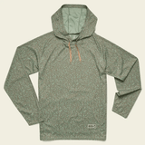 The Howler Brothers Loggerhead Hoodie—a long-sleeve, green patterned recycled polyester hoodie with front pocket, beige drawstrings, and UPF 35 sun protection—lies flat on a light background.