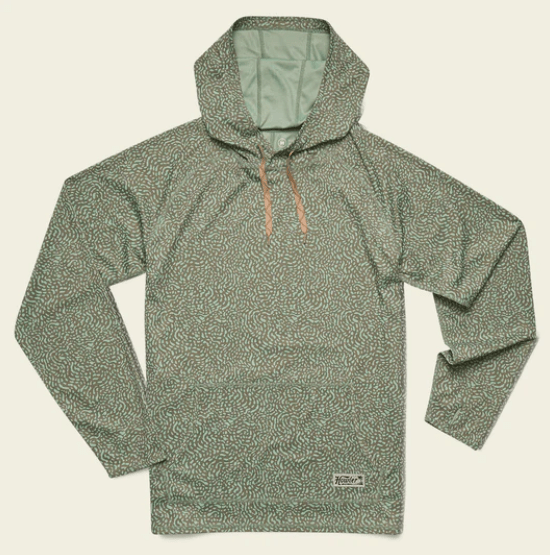 The Howler Brothers Loggerhead Hoodie—a long-sleeve, green patterned recycled polyester hoodie with front pocket, beige drawstrings, and UPF 35 sun protection—lies flat on a light background.