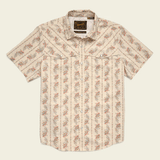 The Howler Brothers Grampa's Curtains is a beige short-sleeve button-up with floral and stripe patterns, two chest pockets, vented rear yoke for breathability, and an inside collar label.