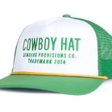 Stay cool in this green and white mesh trucker hat from Sendero Provisions Co., featuring "COWBOY HAT" and "Sendero Provisions Co. Trademark 2014" embroidered on the front.