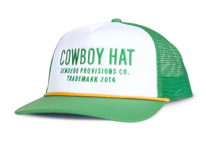 Stay cool in this green and white mesh trucker hat from Sendero Provisions Co., featuring "COWBOY HAT" and "Sendero Provisions Co. Trademark 2014" embroidered on the front.