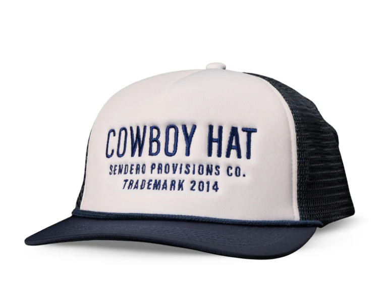 Stay cool in the Cowboy Hat mesh trucker hat by Sendero Provisions Co., featuring "COWBOY HAT Sendero Provisions Co. Trademark 2014" embroidered in blue on a white and black design.