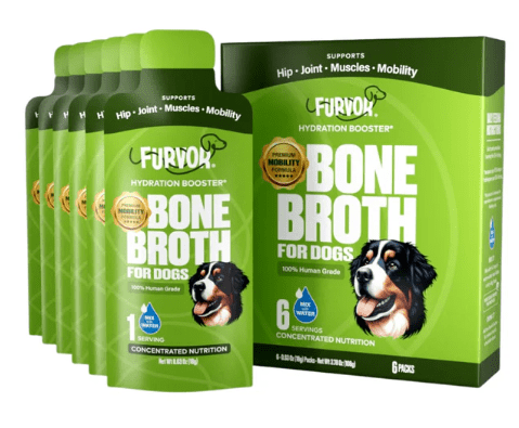 Furvor Bone Broth For Dogs - Mobility Support: a hydration booster with 6 servings, packed in packets and a box, contains glucosamine to support your dog’s hip, joint, and muscle health.