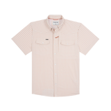 The Etouffee | Poncho by Poncho is a short-sleeve, button-up western shirt with a light pink and white checkered pattern, two chest pockets, and a collar. Made from breathable fabric for comfort. Displayed on a white background.