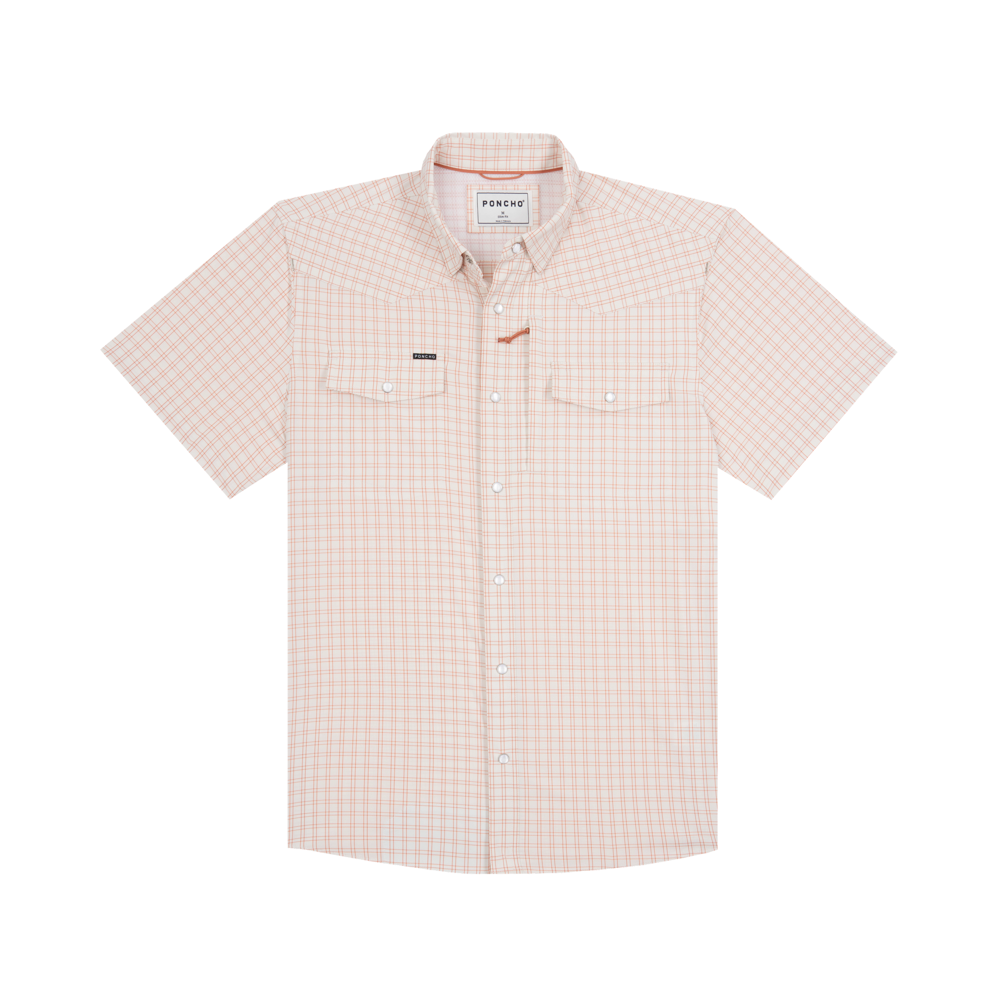 The Etouffee | Poncho by Poncho is a short-sleeve, button-up western shirt with a light pink and white checkered pattern, two chest pockets, and a collar. Made from breathable fabric for comfort. Displayed on a white background.