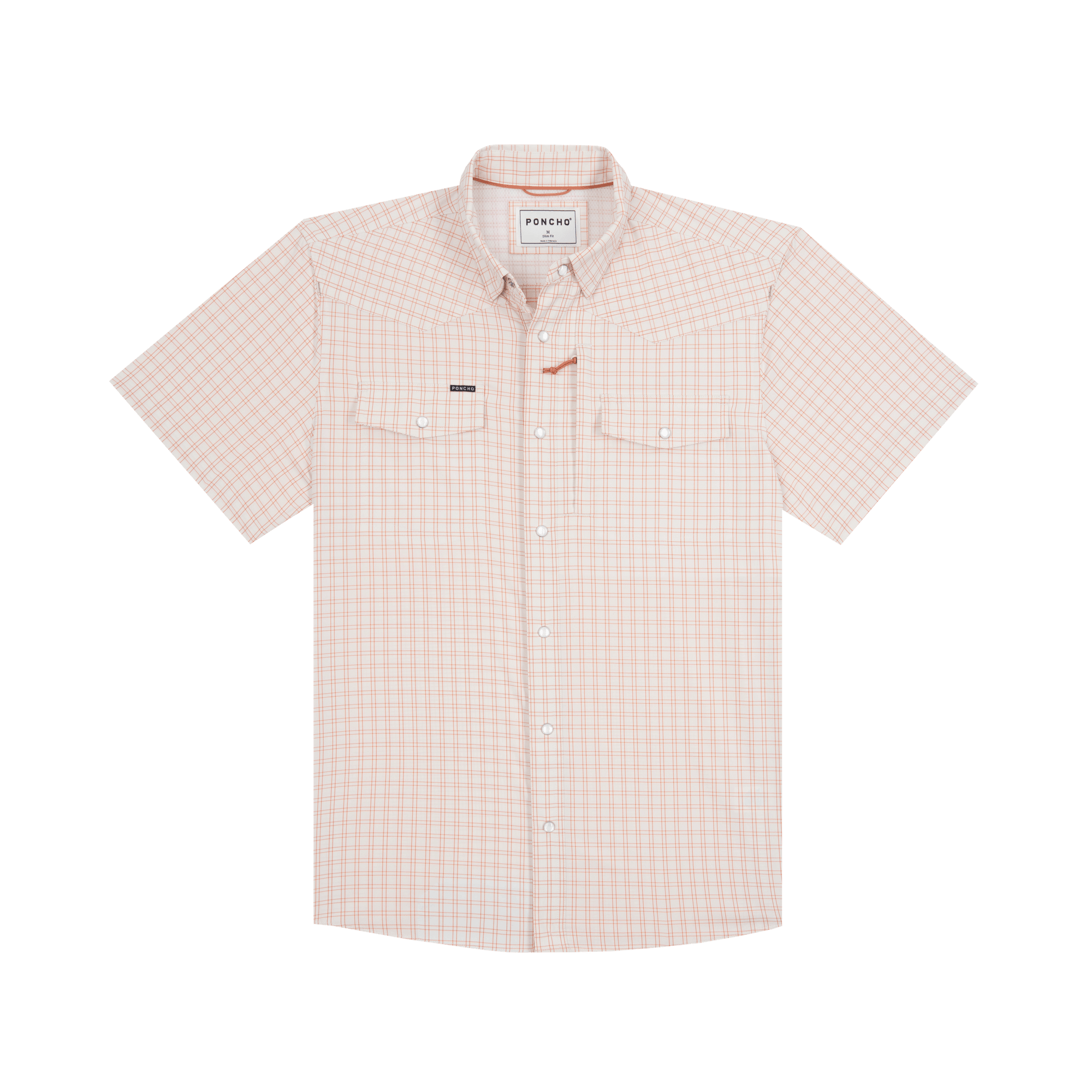 The Etouffee | Poncho by Poncho is a short-sleeve, button-up western shirt with a light pink and white checkered pattern, two chest pockets, and a collar. Made from breathable fabric for comfort. Displayed on a white background.