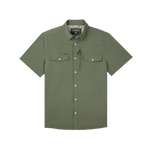 The Grazer | Poncho by Poncho: an olive green short-sleeve performance shirt with a collar, two chest pockets, and a small zippered pocket, shown on a white background.
