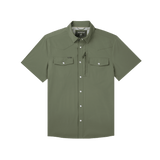 The Grazer | Poncho by Poncho: an olive green short-sleeve performance shirt with a collar, two chest pockets, and a small zippered pocket, shown on a white background.