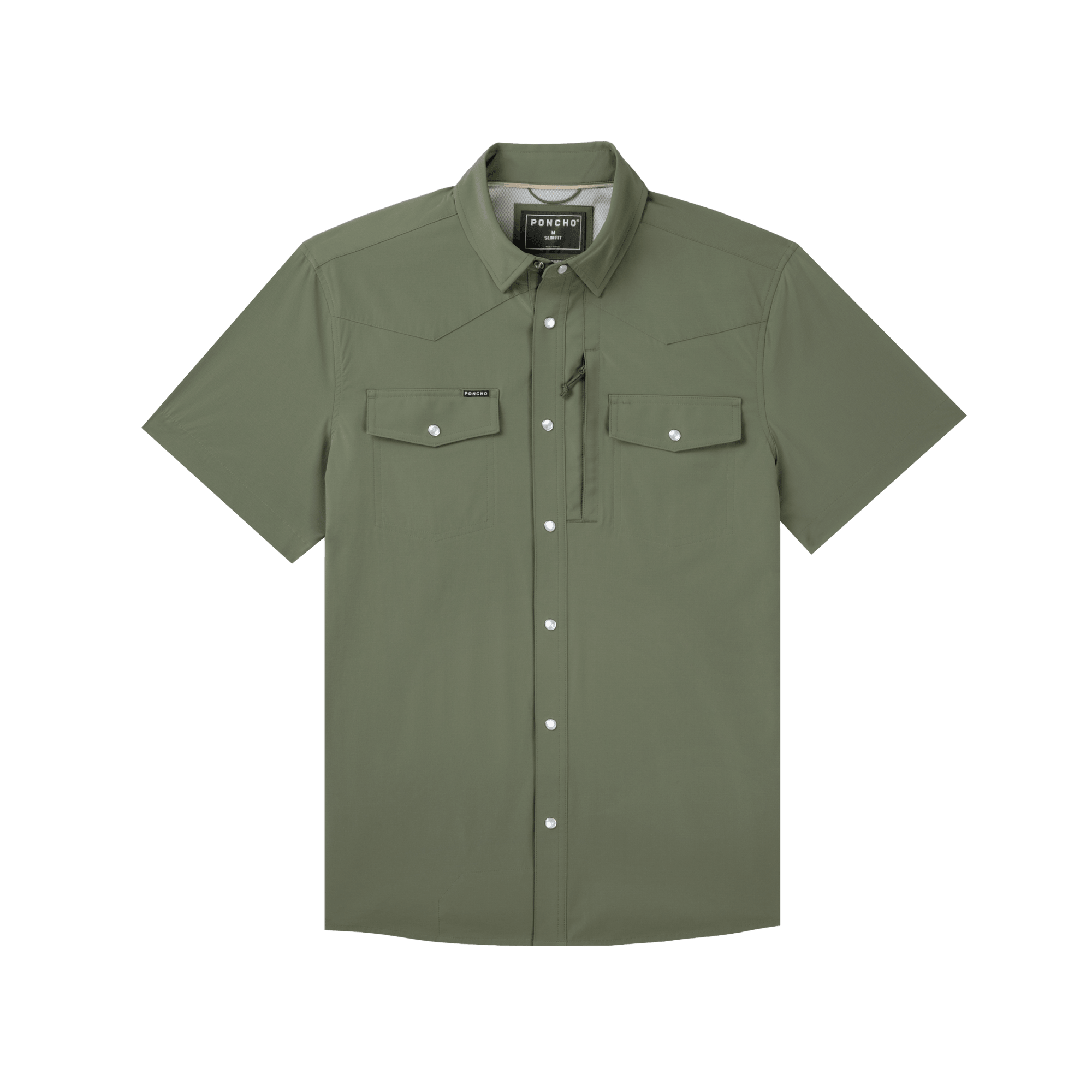 The Grazer | Poncho by Poncho: an olive green short-sleeve performance shirt with a collar, two chest pockets, and a small zippered pocket, shown on a white background.