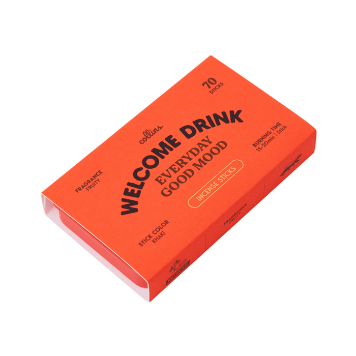Rectangular orange box labeled “Welcome Drink Incense Sticks | Collins” from the brand Collins, containing 10 sticks made from natural ingredients with a fruity scent; details on fragrance, color, and burning time are printed on the packaging.