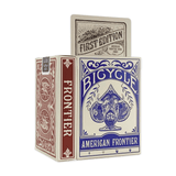 The Mollyjogger American Frontier Two Deck Card Set showcases vintage designs with a blue ram and a "First Edition" card partially pulled out—an ideal choice for wildlife playing card collectors.