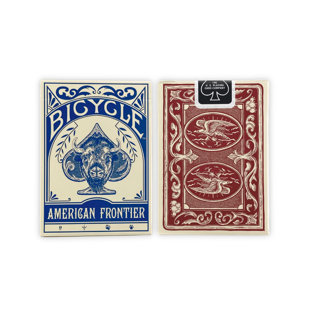 The Mollyjogger American Frontier Two Deck Card Set is shown; one box displays a blue bison on the front, while the back reveals a red design with detailed birds and wildlife illustrations.
