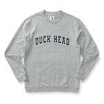 The Duck Head Applique Crewneck Sweatshirt is a gray cotton top with bold "DUCK HEAD" lettering across the chest and vintage-inspired ribbing for classic style.
