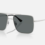 The Ray-Ban 3758 Ari sunglasses feature a silver metal square frame, dark gray polarized lenses with UV protection, a double bridge, thin arms, and the Ray-Ban logo on the left lens and temples.