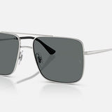 Ray-Ban 3758 Ari sunglasses feature a silver square frame, dark polarized lenses for UV protection, a double bridge, and thin metal arms, all displayed on a light gray background.