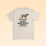 Off-white Comfort Colors Bird Dog Series Shirt | German Shorthaired Pointer featuring a German shorthaired pointer graphic above the text “True Companionship,” “German Shorthaired Pointer,” and “Ballad of the Bird Dog.”