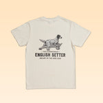 Back of a Bird Dog Series Shirt | English Setter featuring a line drawing of an English Setter in grass above the text “TRUE COMPANIONSHIP,” “ENGLISH SETTER,” and “BALLAD OF THE BIRD DOG.”