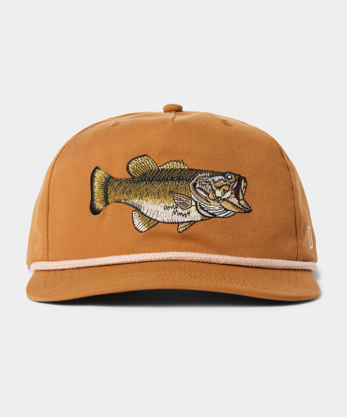 The Duck Camp Grandpa Hat—Bass Hat features a brown design with an embroidered Billy Bass fish on the front and a white rope above the brim, making it perfect for fishing enthusiasts.