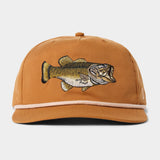 The Duck Camp Grandpa Hat—Bass Hat features a brown design with an embroidered Billy Bass fish on the front and a white rope above the brim, making it perfect for fishing enthusiasts.