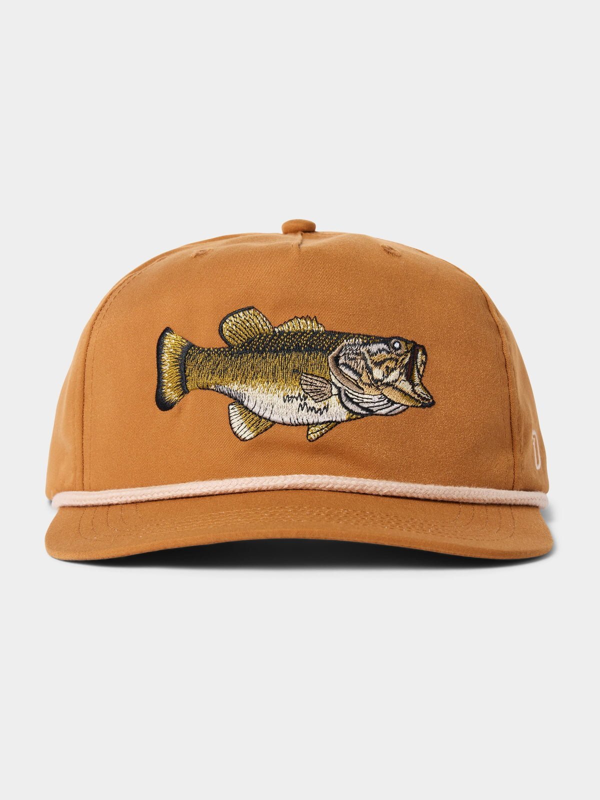 The Duck Camp Grandpa Hat—Bass Hat features a brown design with an embroidered Billy Bass fish on the front and a white rope above the brim, making it perfect for fishing enthusiasts.