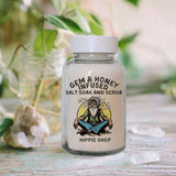 Clear glass jar labeled "Bath Soak | Nag Champa | Wild Yonder Botanicals" by Wild Yonder Botanicals, pictured with crystals and decor. Features a soothing blend of quartz charged sea salt and organic honey.