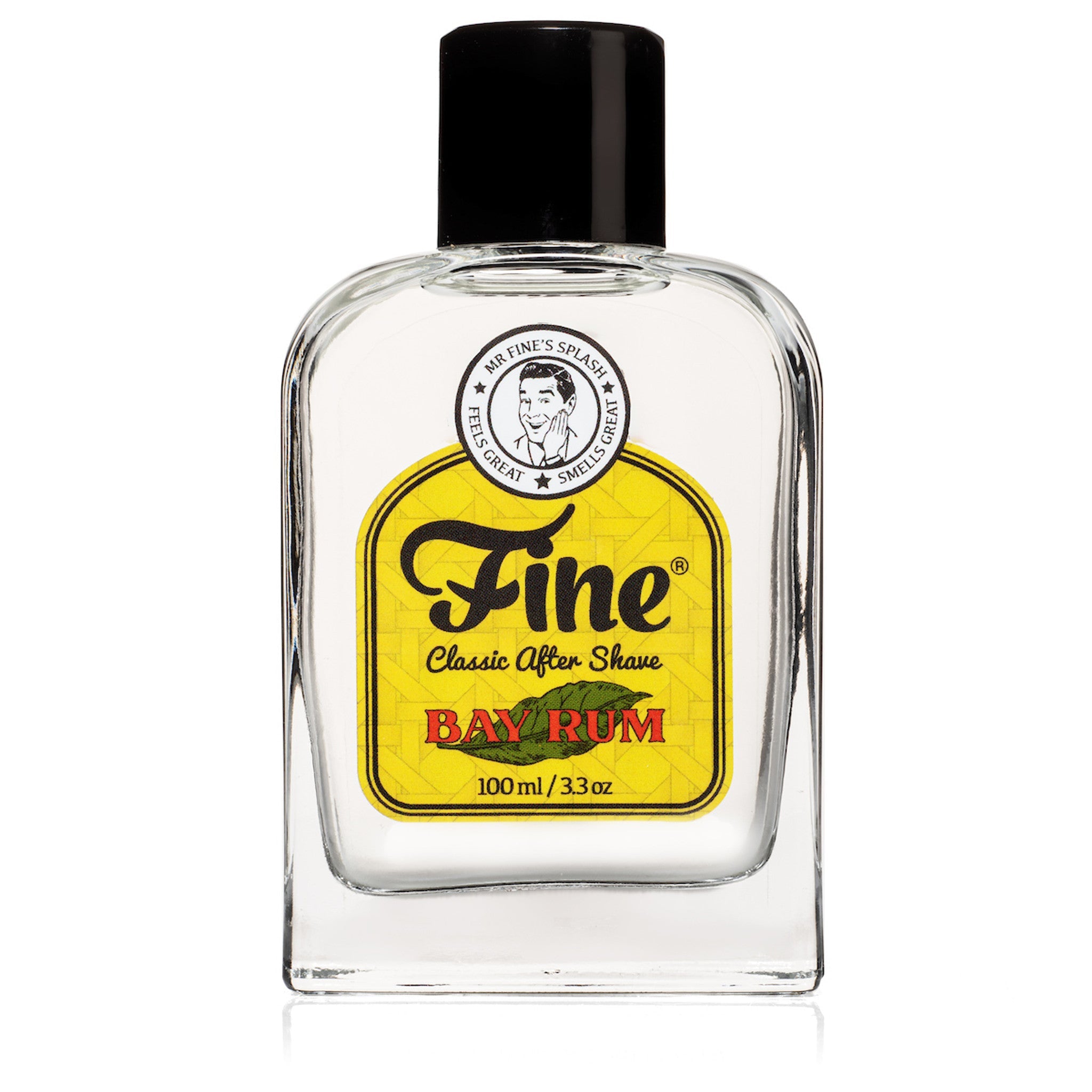 A clear glass bottle of Fine Accoutrements Bay Rum Classic Aftershave (100 ml/3.3 oz) with a black cap—classic scent inspired by Dominican bay leaf, ideal for fans of timeless men's fragrances.