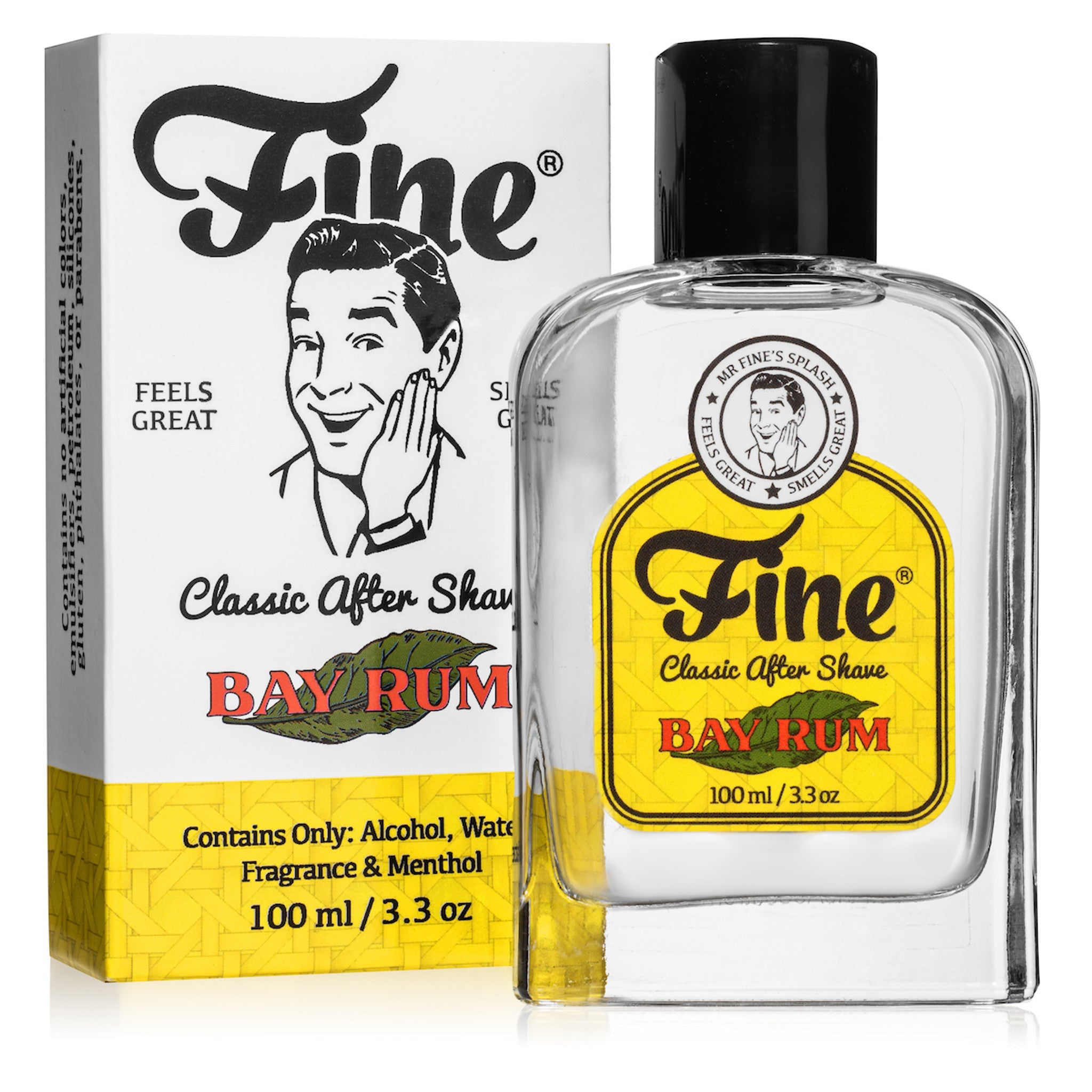 A 100ml bottle of Fine Accoutrements Bay Rum Classic Aftershave stands beside its retro packaging, which features a smiling man—ideal for those who love classic men’s fragrances.